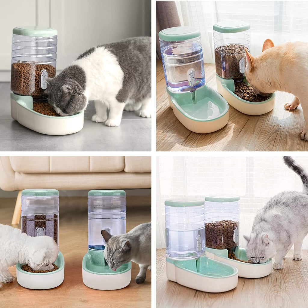 Automatic Dog Cat Feeder and Water Dispenser Gravity Food Feeder and Waterer Set with Pet Food Bowl for Small Medium Dog Puppy Kitten, Large Capacity 1 Gallon X 2