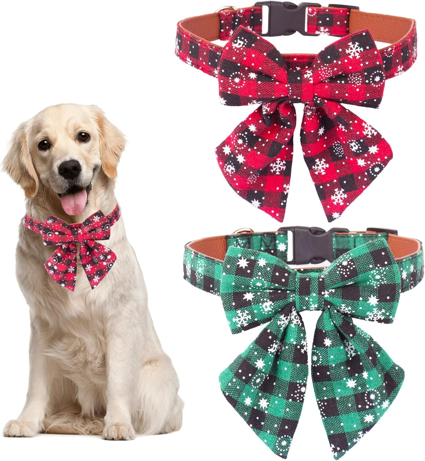 ADOGGYGO 2 Pack Christmas Dog Collar with Bow Tie, Classic Plaid Red Green Dog Collars with Removable Bowtie Christmas Collars for Large Dogs Pets (Large)